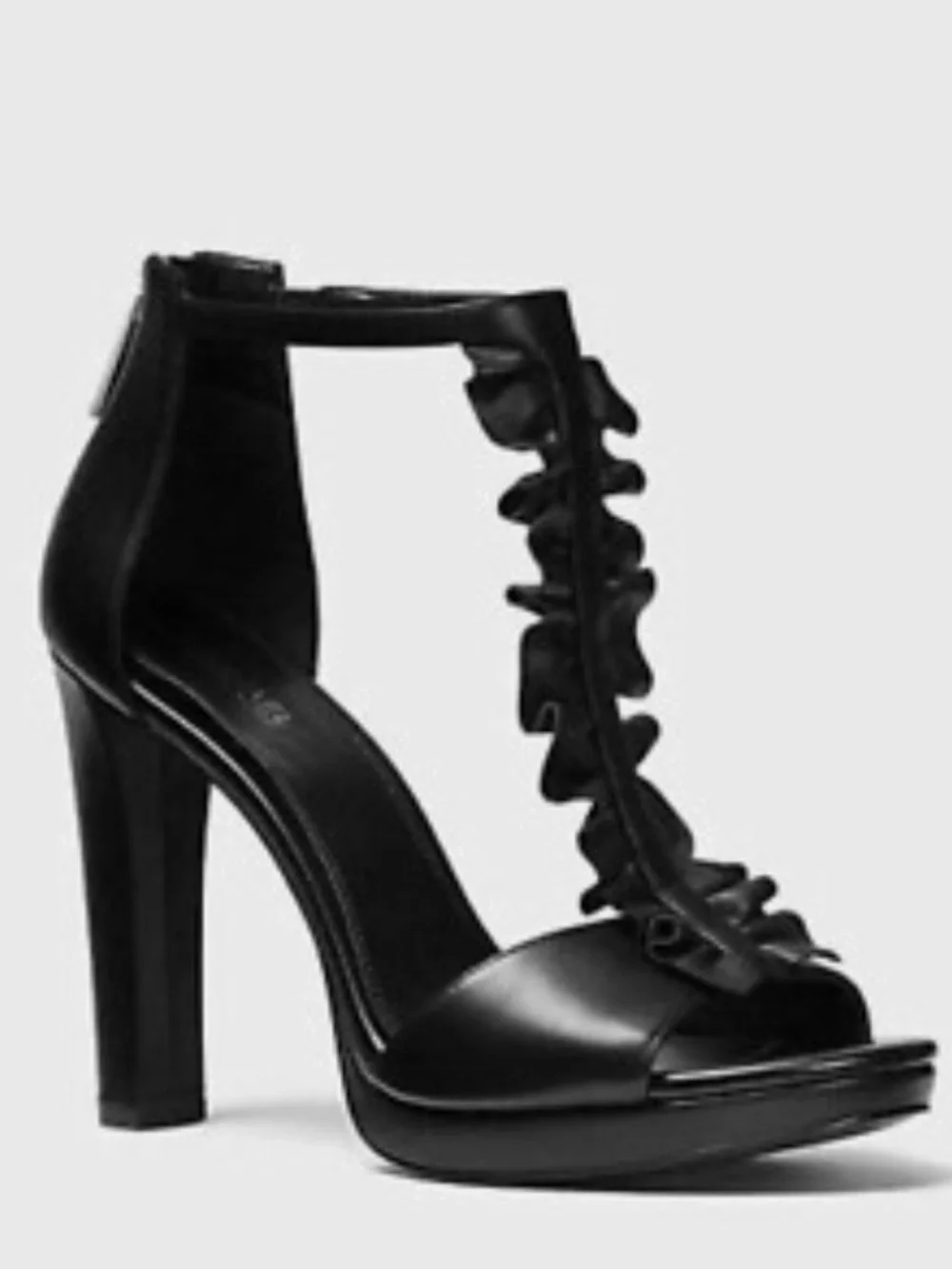 Michael Kors Bella Open Toe Ruffled Leather Platform Sandal Black, Size 6 M